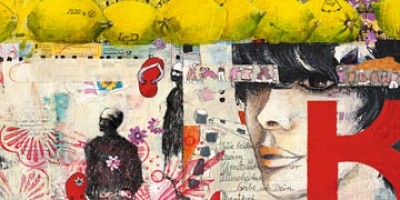 Birgit Lorenz, Citrus Lettern (Malerei, Modern, People & Eros, Figurativ, Collage, Frau, Gesicht, Portrait, Zitronen, Phantasie, Wand, Graffities, Jugendzimmer, Wohnzimmer, bunt)