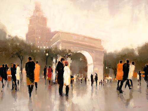 Lorraine Christie, Monumental Day (Malerei, Modern, Leute, Menschen, Rückenasicht, Spaziergänger, Abenddämmerung, Triumphbogen, Wohnzimmer, Arztpraxis, bunt)
