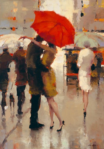 Lorraine Christie, Sweet Surprise (Wunschgröße, Malerei, Modern, Leute, Menschen, Liebespaar, Umarmung, Kuss, roter Regenschirm, Spaziergänger, Abenddämmerung, Regen, Regenschirme,  Wohnzimmer, Treppenhaus, bunt)