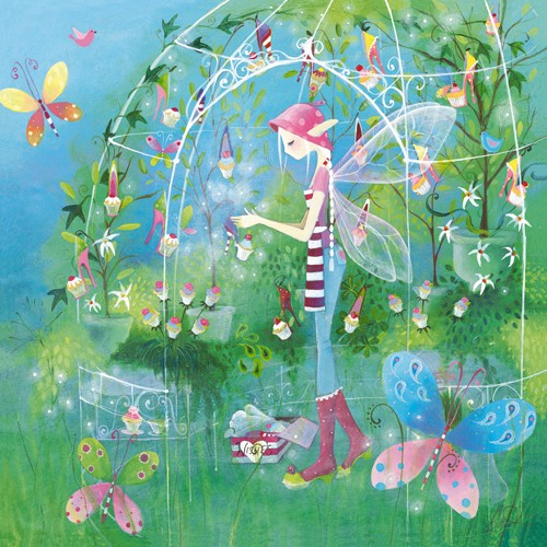 Lorrie McFaul, The Fairy Garden (Wunschgröße, Elfen, Feen, Ringelsocken, High Heels, Elfenschuhe, Schuhgeschäft, fantastisch, Märchen, Jugendzimmer, Grafik, bunt)