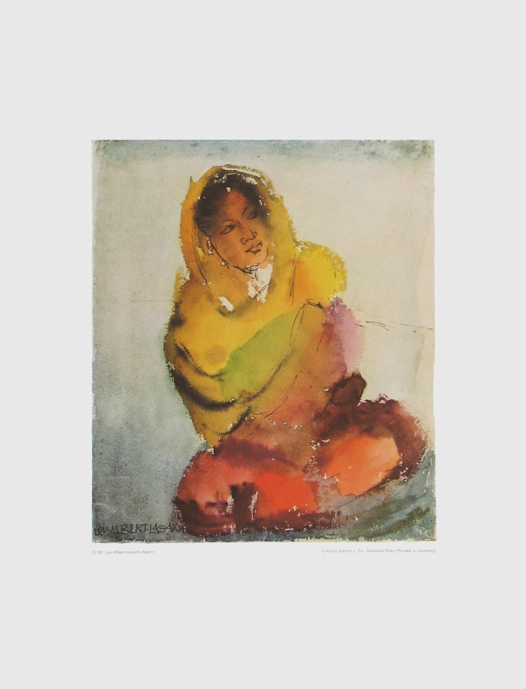 Lou Albert-Lazard, Inderin (Malerei, Aquarell,  Ethnic, Inderin, Frau, Asiatin, sitzende Frau, Treppenhaus, Flur, Wohnzimmer, bunt)