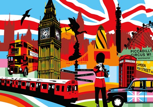 Lobo, London (Wunschgröße, Modern, Pop Art, Malerei, Wahrzeichen, Großbritannien, Metropole, London, Big Ben, London eye, Bobby, Telefonzelle, Doppelstockbus, Jugendzimmer, Wohnzimmer, schrill, bunt)