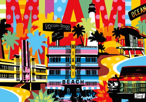 Lobo, Miami (Wunschgröße, Modern, Pop Art, Malerei, Wahrzeichen, Amerika, Metropole, Florida, Amerika, Strand, Jugendzimmer, Wohnzimmer, schrill, bunt)