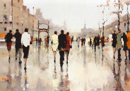 Lorraine Christie, Lone Lilly (Wunschgröße, Malerei, Modern, Leute, Menschen, Rückenansicht, Spaziergänger, Abenddämmerung, Regen, Regenschirme,  Wohnzimmer, Arztpraxis, bunt)