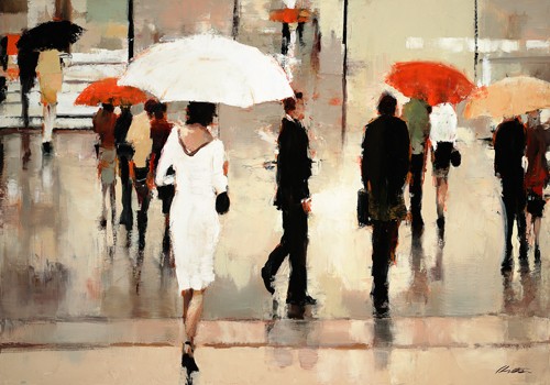 Lorraine Christie, My Complex Heart (Wunschgröße, Malerei, Modern, Leute, Menschen, Rückenasicht, Spaziergänger, Abenddämmerung, Regen, Regenschirme,  Wohnzimmer, Arztpraxis, bunt)