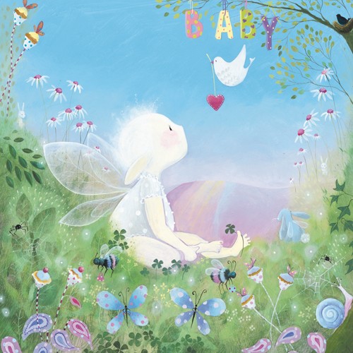 Lorrie McFaul, Baby II (Wunschgröße, Elfen, Feen, Baby-Elfe, blütn Vogel, niedlich, fantastisch, Märchen, Kinderzimmer, Grafik, bunt)