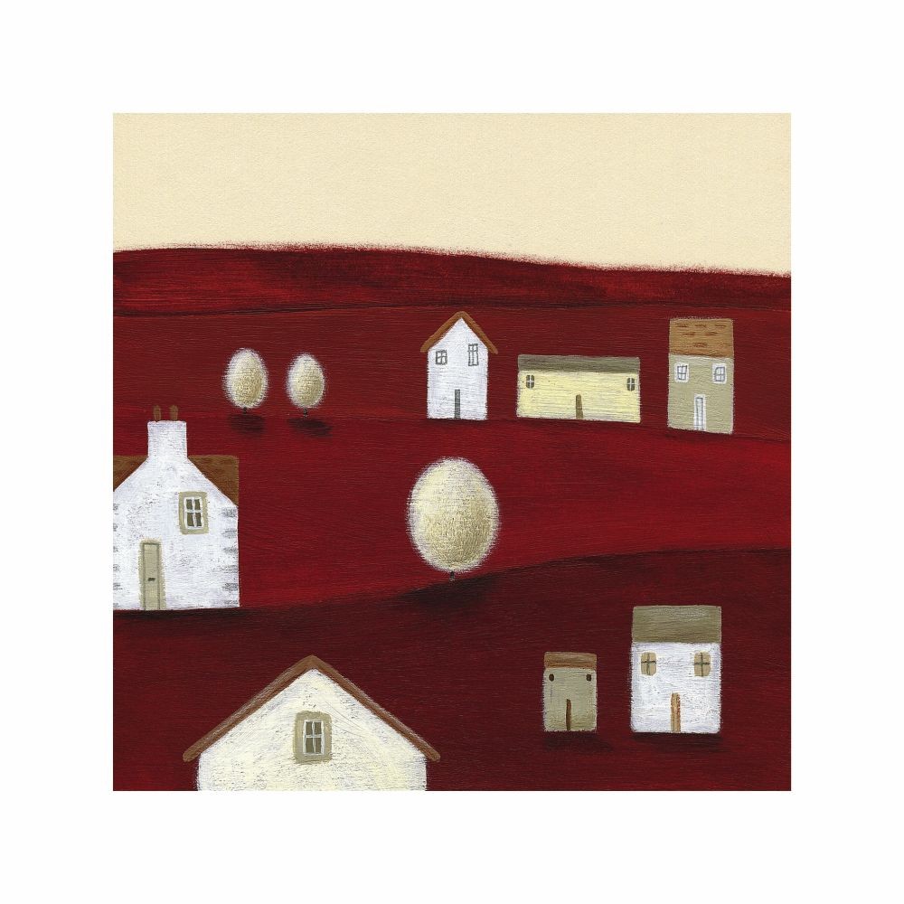 Lucy Barnard, Country Living II (ALandschaften, Häuser, Bäume, Hügel, naiv, zeitgenössisch, dekorativ, Wohnzimmer, Treppenhaus, Esszimmer, Malerei, bunt)
