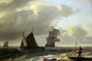 Ludolf Backhuyzen, Bewegte See mit Schiffen (Klassiker,Meeresbrise,Meer,Schiff,Segelschiff, Horizont,Wolken, Küste,Wohnzimmer,Flur,grau,braun,blau)