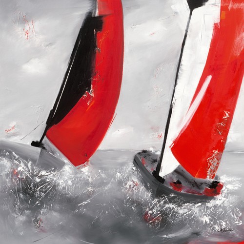 Lydie Allaire, Deux voiles rouges (Wunschgröße, Malerei, Modern, Meeresbrise, maritim, Segelboot, Wind, Segelsport, Wohnzimmer, Treppenhaus, grau / rot)