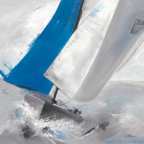 Lydie Allaire, Voile bleue I (Wunschgröße, Malerei, Modern, Meeresbrise, maritim, Segelboot, Wind, Segelsport, Wohnzimmer, Treppenhaus, grau / blau)