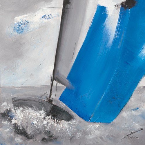Lydie Allaire, Voile bleue II (Wunschgröße, Malerei, Modern, Meeresbrise, maritim, Segelboot, Wind, Segelsport, Wohnzimmer, Treppenhaus, grau / blau)