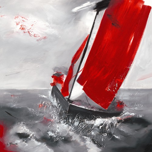 Lydie Allaire, Voile rouge (Wunschgröße, Malerei, Modern, Meeresbrise, maritim, Segelboot, Wind, Segelsport, Wohnzimmer, Treppenhaus, grau / rot)