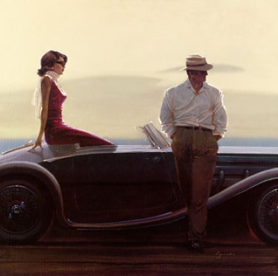 Brent Lynch, Coastal Drive (Malerei, Paar, Auto, Nostalgie, Oldtimer, Eleganz, People & Eros, Mann, Frau, American Scene, Küstenstraße, Pause, Freizeit, Wohnzimmer, Schlafzimmer, bunt)