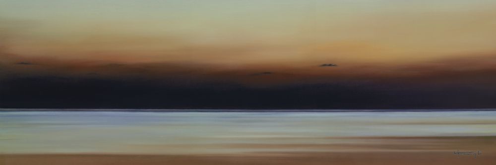Lynne Timmington, Halcyon Days I (Malerei, abstrakt, Landschaften, Meeresbrise, Meer, Horizont, Küste, Strand, Himmel, Wolken, Büro, Business, Schlafzimmer, Wohnzimmer, rost / rot / blau)