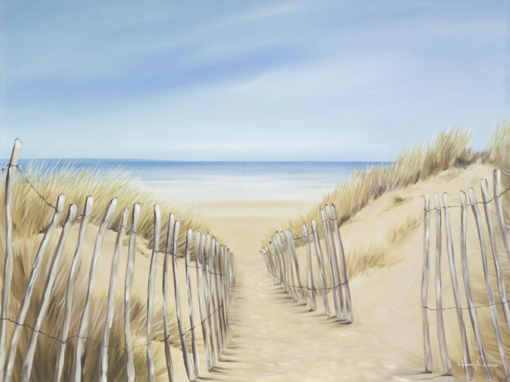 Lynne Timmington, Ocean Pathway I (Malerei, Landschaften, Natur, Düne, Dünengras, Strand, Sand, Meer, Zaun, Idylle, Urlaub, Badezimmer, Schlafzimmer, Wohnzimmer, bunt)