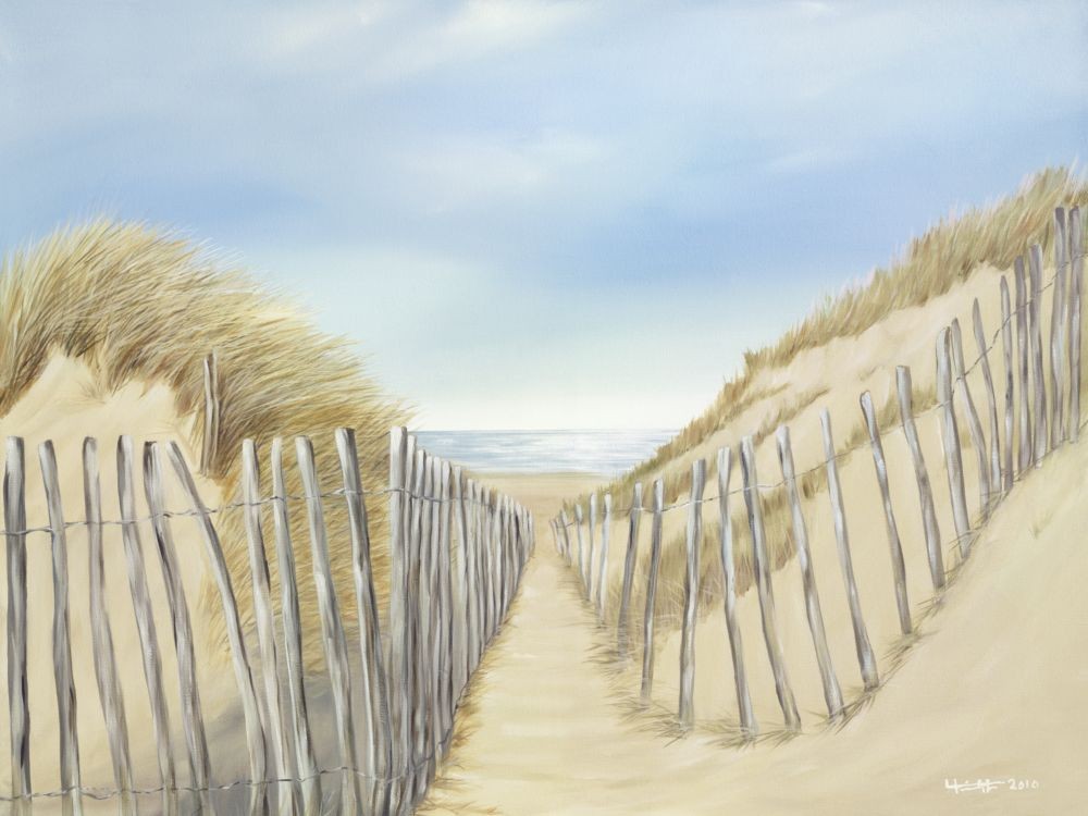 Lynne Timmington, Ocean Pathway II (Malerei, Landschaften, Natur, Düne, Dünengras, Strand, Sand, Meer, Zaun, Idylle, Urlaub, Badezimmer, Schlafzimmer, Wohnzimmer, bunt)