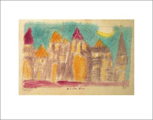 Lyonel Feininger, Beleuchtete Haüser, 1921 (Architektur, Häuserzeile, Mond,  Aquarell, Kubismus, Wohnzimmer, Schlafzimmer, Treppenhaus, Klassische Moderne, bunt)
