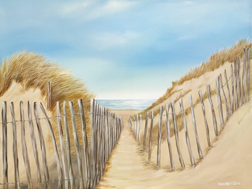 Lynne Timmington, Ocean Pathway II (Malerei, Landschaften, Natur, Düne, Dünengras, Strand, Sand, Meer, Zaun, Idylle, Urlaub, Badezimmer, Schlafzimmer, Wohnzimmer, Wunschgröße, bunt)