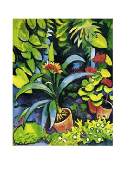 August Macke, Blumen im Garten (Malerei, Expressionismus, Garten, Pflanzen, Blumentöpfe, Blumen,  Wohnzimmer, Treppenhaus, Wintergarten, Klassische Moderne, bunt)