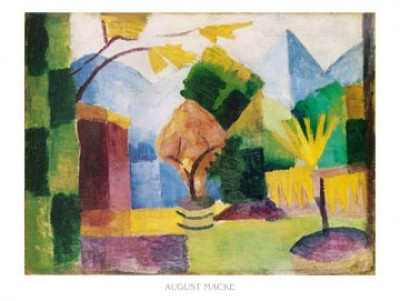 August Macke, Garten am Thuner See (Malerei, Expressionismus, Garten, Pflanzen,Landschaft, Berge, Schweiz, Thun, Wohnzimmer, Treppenhaus, Wintergarten, Klassische Moderne, bunt)