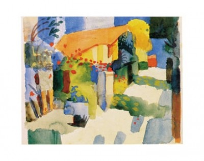 August Macke, Haus im Garten (Malerei, Expressionismus, Garten, Pflanzen, Blumen, Idylle, Wohnzimmer, Treppenhaus,Wintergarten, Klassische Moderne, bunt)