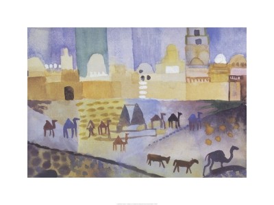 August Macke, Kairouan I (Malerei, Expressionismus, Orient, Tunesien, Landschaft, Kamele, Architektur, Stadt, Tunisreise, Afrika, Wohnzimmer, Treppenhaus, Arztpraxis, Klassische Moderne, bunt)