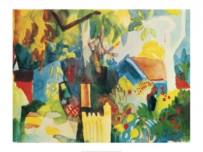 August Macke, Landschaft (Malerei, Expressionismus, Garten, Gartenlandschaft, Idylle, Pflanzen,  Blumen,  Wohnzimmer, Treppenhaus, Wintergarten, Klassische Moderne, bunt)