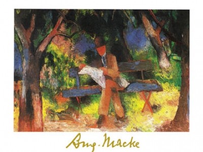 August Macke, Lesender Mann (Malerei, Expressionismus,Park, Bank, Mann, Zeitungsleser, lesen, Wohnzimmer, Treppenhaus, Arztpraxis, Klassische Moderne, bunt)