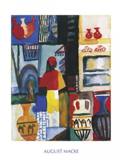 August Macke, Merchant with Jugs (Malerei, Expressionismus, Orient, Markt, Bazar, Keramikverkäufer, Händler, Tunesien, Tunisreise, Vasen, Amphoren, Afrika, Wohnzimmer, Treppenhaus, Arztpraxis, Klassische Moderne, bunt)