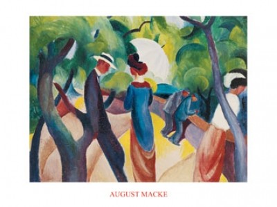August Macke, Promenade (Malerei, Expressionismus, Park, Spaziergänger, Freizeit, Entspannung, Unterhaltung, Gespräch, Wohnzimmer, Treppenhaus, Arztpraxis, Klassische Moderne, bunt)