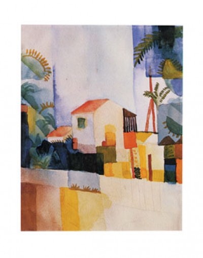 August Macke, Weißes Haus (Malerei, Expressionismus, Orient, Tunesien, Architektur, Haus, Palmen,  Tunisreise, Berge,  Wohnzimmer, Treppenhaus, Arztpraxis, Klassische Moderne, bunt)