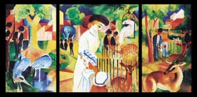 August Macke, Zoologischer Garten (Malerei, Expressionismus, Zoo, Tiere, spaziergang, Frau, Kind, Triptychon, Wohnzimmer, Treppenhaus, Arztpraxis, Klassische Moderne, bunt)