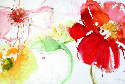 Mona Arnold, Flowerplay (Wunschgröße, Malerei,Aquarell, modern, Blumen, Blüten, Strauß, dekorativ, Treppenhaus, Wohnzimmer, Arztpraxis, bunt)