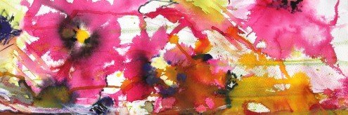 Mona Arnold, Pink Flowers 2 (Wunschgröße,Malerei, Aquarell, modern, Blumen, Blüten, abstrakt, dekorativ, Treppenhaus, Wohnzimmer, Arztpraxis, bunt)