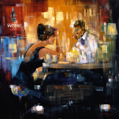 Madjid, Bar Scene I (Malerei, Modern, Barszene, Gesellschaft, Mann, Frau, Paar, Date, Getränke, Wodka, Drinks, Eleganz, Figurativ,  People&Eros, Wohnzimmer, Esszimmer, Gastronomie, Bar, Bistro, bunt)