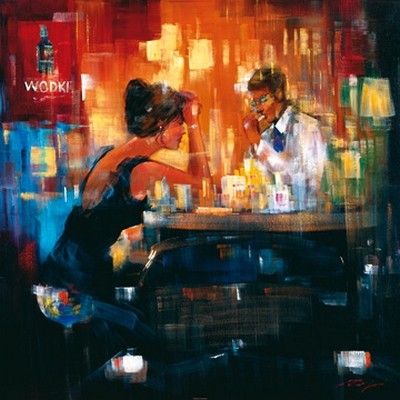 Madjid, Bar Scene I (Malerei, Modern, Barszene, Gesellschaft, Mann, Frau, Paar, Date, Getränke, Wodka, Drinks, Eleganz, Figurativ,  People&Eros, Wohnzimmer, Esszimmer, Gastronomie, Bar, Bistro, Wunschgröße, bunt)