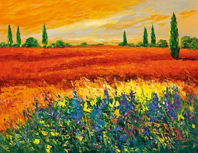 Madjid, Toskana III (Wunschgröße, Modern, Malerei, Italien, Landschaft, Toskana, Blumen, Wiesenblumen, Felder, Natur, Bäume, Horizont, Zypressen, Büro, Wohnzimmer, Arztpraxis,Wintergarten,  bunt)