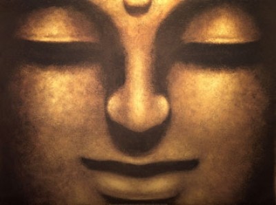 Mahayana, Bodhisattva (Buddha, Buddhagesicht, Wellness,  Portrait, geschlossene Augen, Asiatische Kunst, Indien, Schlafzimmer, Treppenhaus, bronzefarben)