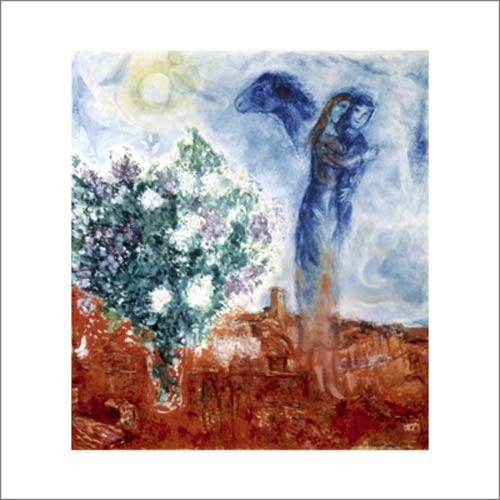 Marc Chagall, Die liebenden über st Paul, 1970/71 (Liebespaar, schwebendes Paar, Pferdekopf, blühender Baum, Stadtansicht, mystisch, Liebespaar,Treppenhaus, Klassische Moderne, bunt)