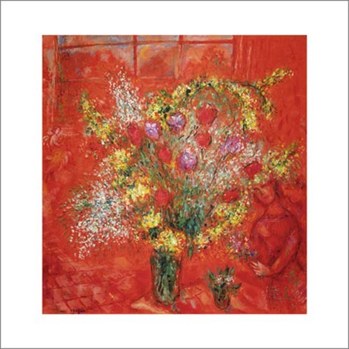 Marc Chagall, Fleurs sur fond rouge, 1970 (Blumen, Blumenstrauß, Vase, Frau, schemenhaft,Treppenhaus, Wohnzimmer, Arztpraxis, Klassische Moderne, rot/bunt)