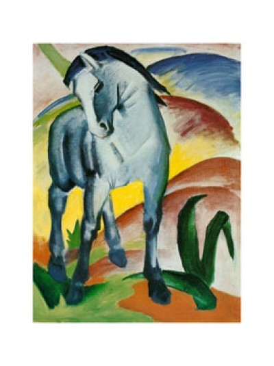 Franz Marc, Blaues Pferd I - Monaco (Malerei, Expressionismus, Pferd, Tier, figurativ, Landschaft, Hügel, klassische Moderne, Wohnzimmer, Arztpraxis, Treppenhaus, blau / bunt)
