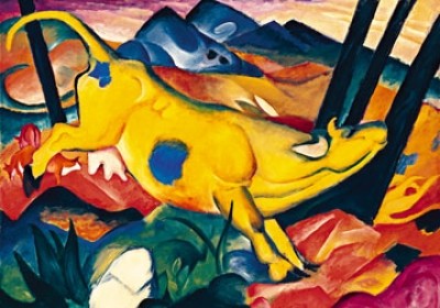 Franz Marc, Die gelbe Kuh (Malerei, Expressionismus,Landschaft, Kuh, rennende Kuh, Berge, Hügel, Tier, Bäume, klassische Moderne, Wohnzimmer, Arztpraxis, Treppenhaus, bunt,)