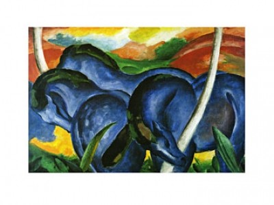 Franz Marc, Die großen blauen Pferde (Malerei, Expressionismus, Pferde, blaue Pferde, Tier, figurativ, Landschaft, Hügel, klassische Moderne, Wohnzimmer, Arztpraxis, Treppenhaus, blau / bunt)