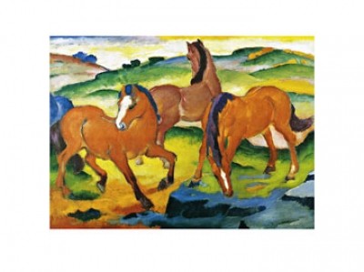 Franz Marc, Die großen roten Pferde (Malerei, Expressionismus, Pferde, Herde, Tier, figurativ, Landschaft, Hügel, klassische Moderne, Wohnzimmer, Arztpraxis, Treppenhaus,  bunt)