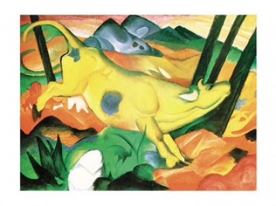 Franz Marc, Gelbe Kuh (Malerei, Expressionismus, Landschaft, Kuh, rennende Kuh, Berge, Hügel, Tier, Bäume, klassische Moderne, Wohnzimmer, Arztpraxis, Treppenhaus, bunt,)