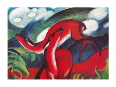 Franz Marc, The red Deer (Malerei, Expressionismus, Rehe, Wild, Rotwild, Landschaft, Hügel, Tiere, Herde, figurativ, klassische Moderne, Wohnzimmer, Arztpraxis, Treppenhaus, rot / bunt)