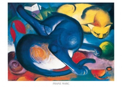 Franz Marc, Zwei Katzen, blau und gelb (Malerei, Expressionismus, Katzen,  schlafende Katze, Katzenwäsche, klassische Moderne, Wohnzimmer, Schlafzimmer, Arztpraxis Treppenhaus, bunt)