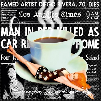 Marcel Terrani, Give me all your coffee (Zeitung, Titelblatt, Times, Kaffeetasse, Pinup-Girl, People & Eros, Figurativ, Wunschgröße, Modern, Fotokunst, Bistro, Küche, Café, Wohnzimmer, Gastronomie, bunt)