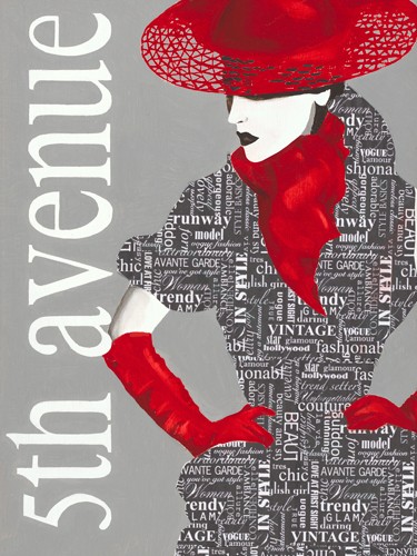 Marco Fabiano, Fashion Type 3 (Wunschgröße, Plakatkunst, Retro, Vintage, Frau, roter Hut, Eleganz, rotes Halstuch, rote Handschuhe, 5th Avenue, Gastronomie, Café, Bistro, Jugendzimmer,  grau / weiß / rot)