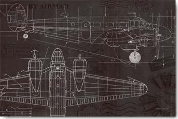 Marco Fabiano, Plane Blueprint I (Grafik, Technik, Konstruktion, Zeichnung, Flugzeugbau, Propellerflugzeug, Treppenhaus, Büro, schwarz / weiß)